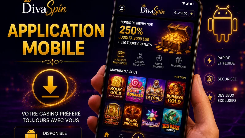 Interface mobile de DivaSpin sur un smartphone avec le lobby des machines à sous et le menu des paris sportifs