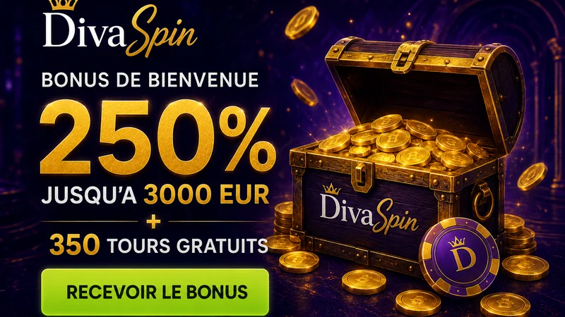 Rubrique Mes bonus de DivaSpin : l'offre de bienvenue s'active par un bouton et un dépôt de 20 €, sans aucun code promotionnel à saisir