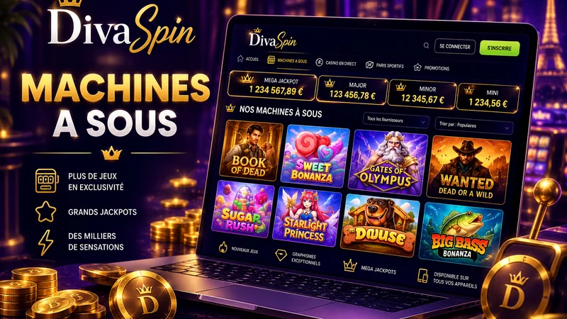 Grille de machines à sous du lobby DivaSpin avec les rayons Populaires, Nouveautés et Jackpots Hot