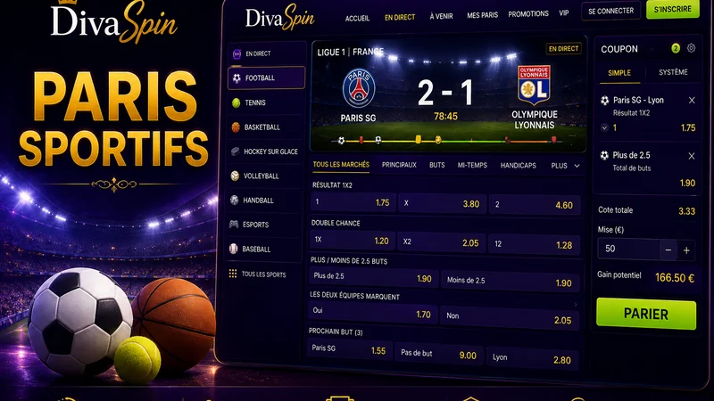 Section paris sportifs de DivaSpin affichant les rencontres de Ligue 1 et les cotes en euros